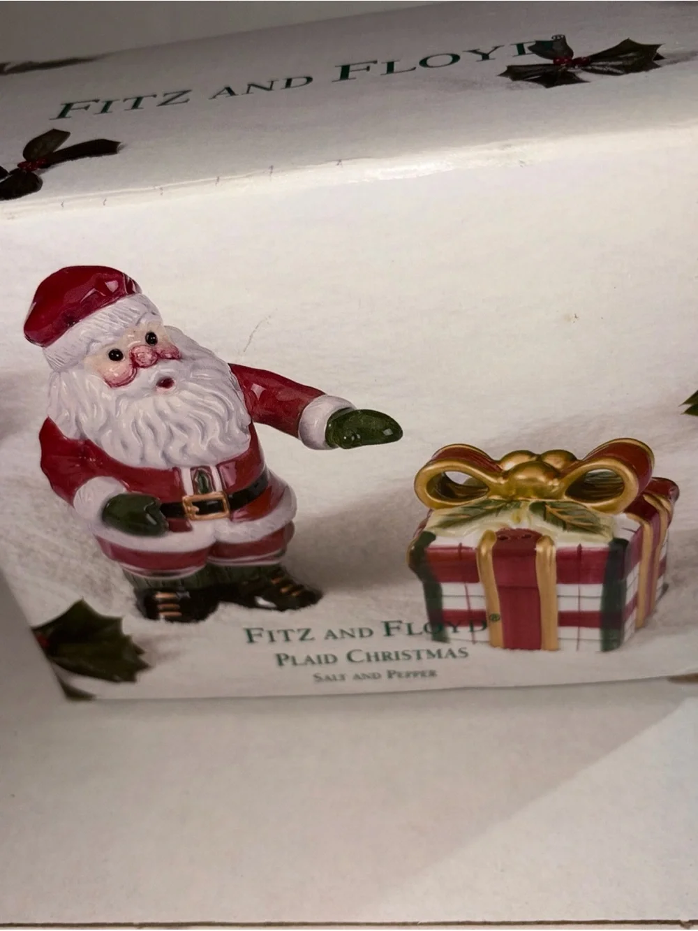 Fitz and Floyd Plaid Christmas Santa Salt & Pepper Set - Red, White, Green, Gold